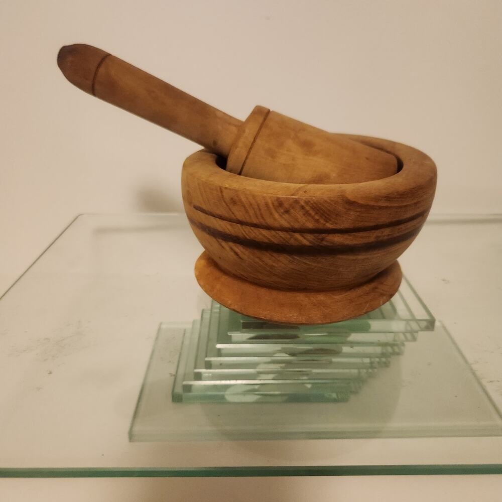 Vintage Brown Wooden Hand Grinder Crush Pot Kitchen Mortar & Pestle Unbranded